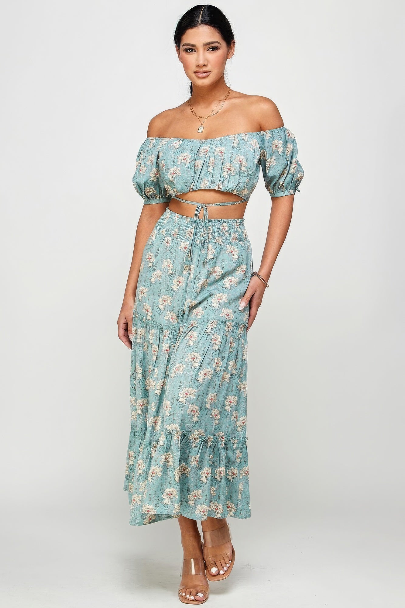 Floral Off Shoulder Sleeve Back Tie Top Skirt Set-58458.S--Love It Clothing