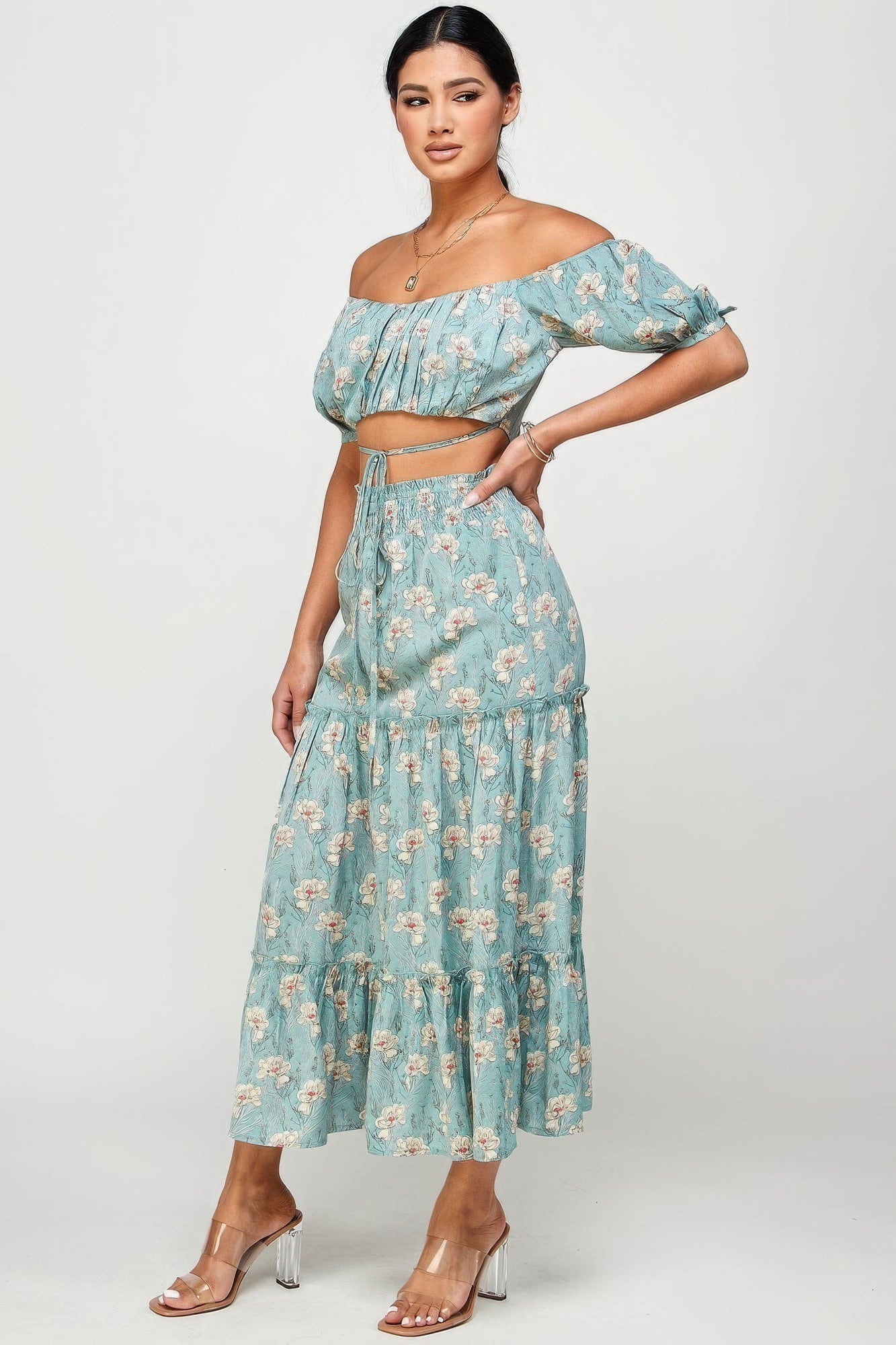 Floral Off Shoulder Sleeve Back Tie Top Skirt Set-58458.S--Love It Clothing