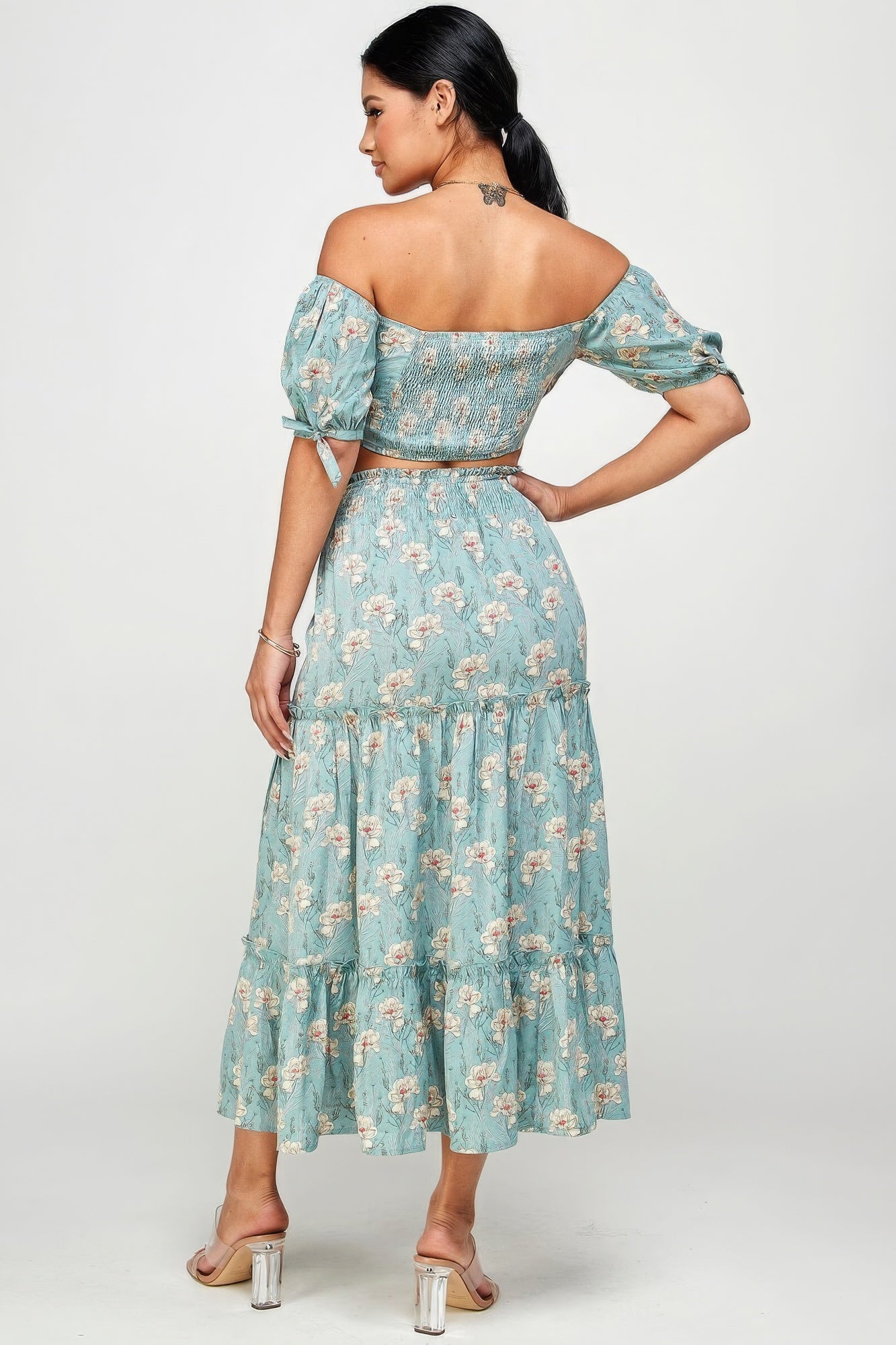 Floral Off Shoulder Sleeve Back Tie Top Skirt Set-58458.S--Love It Clothing