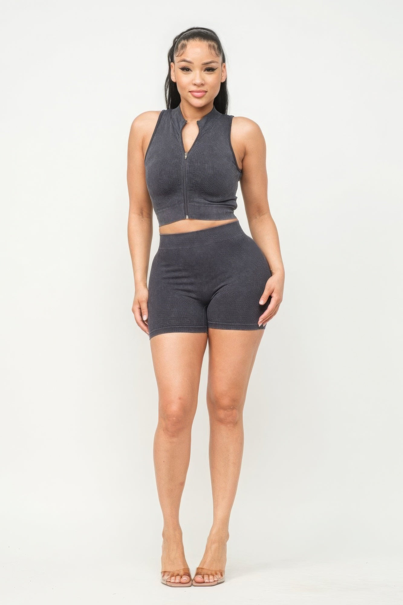 Washed Seamless Zipper Top And Shorts Set-58461b.S.M-Select Size: S/M, M/L-Love It Clothing