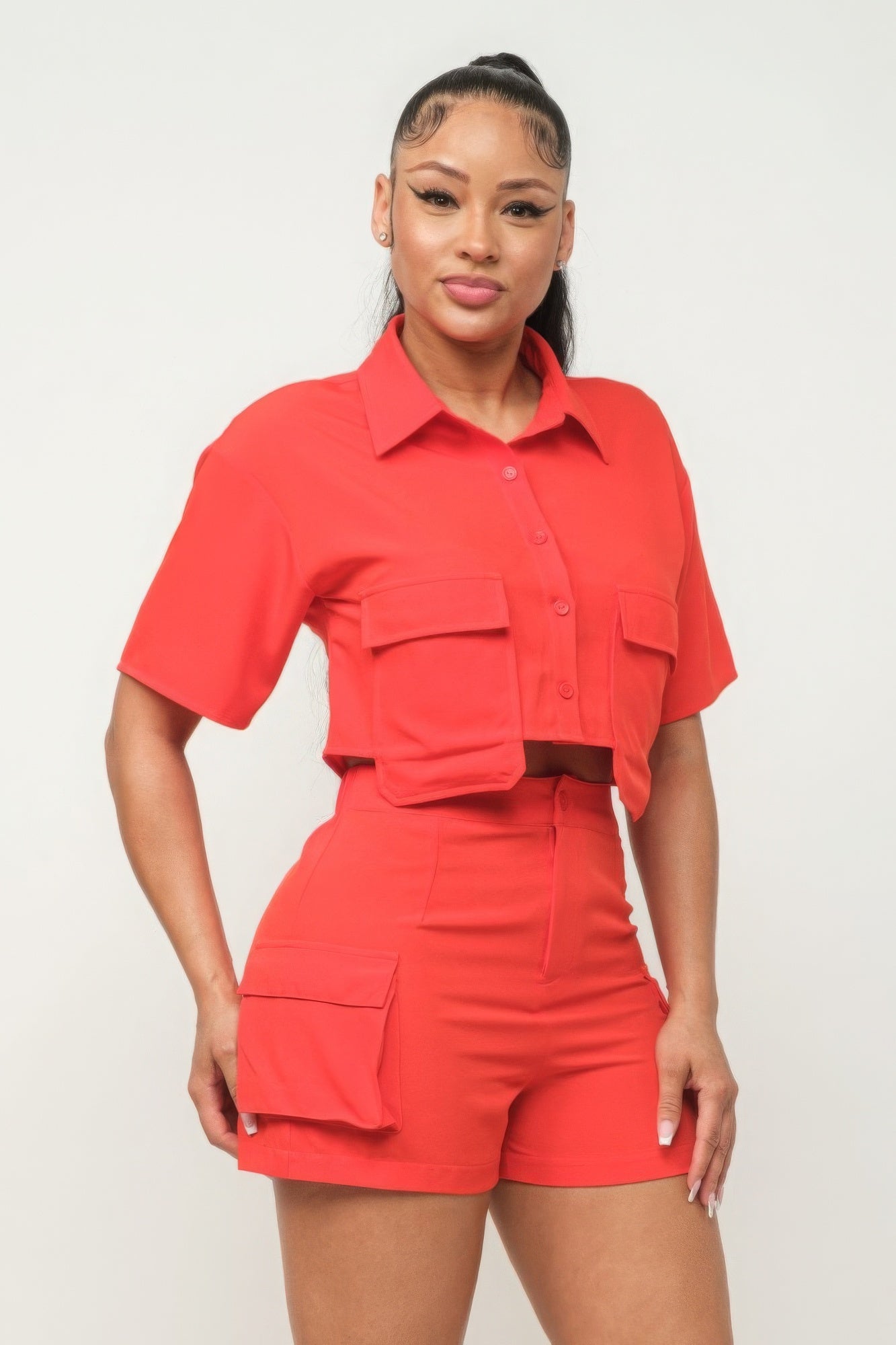 Front Button Down Side Pockets Top And Shorts Set-58462b.S-Select Size: S, M, L-Love It Clothing
