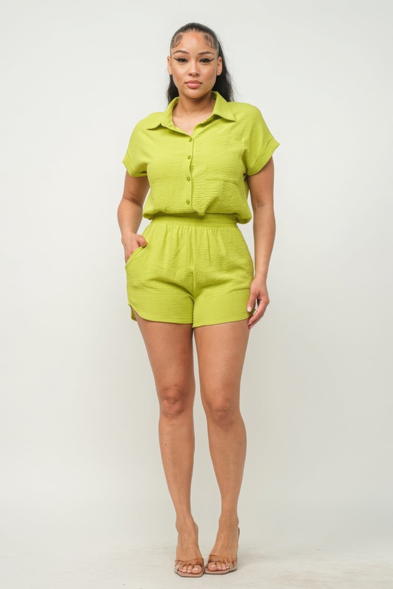 Button Down Pocket Loose Fit Top And Shorts Set-58463c.S-Select Size: S, M, L-Love It Clothing