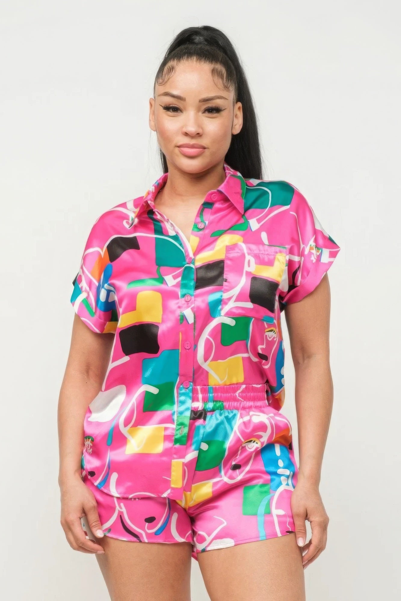 Satin Dolman Print Button Down Top And Shorts Set-58464.S-Select Size: S-Love It Clothing