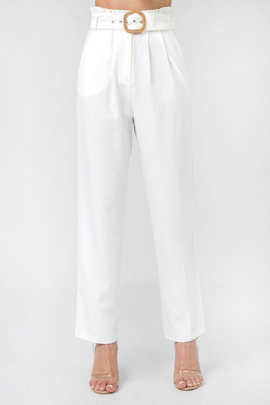 A Solid Pant Featuring Paperbag Waist With Rattan Buckle Belt-52700.S--Love It Clothing