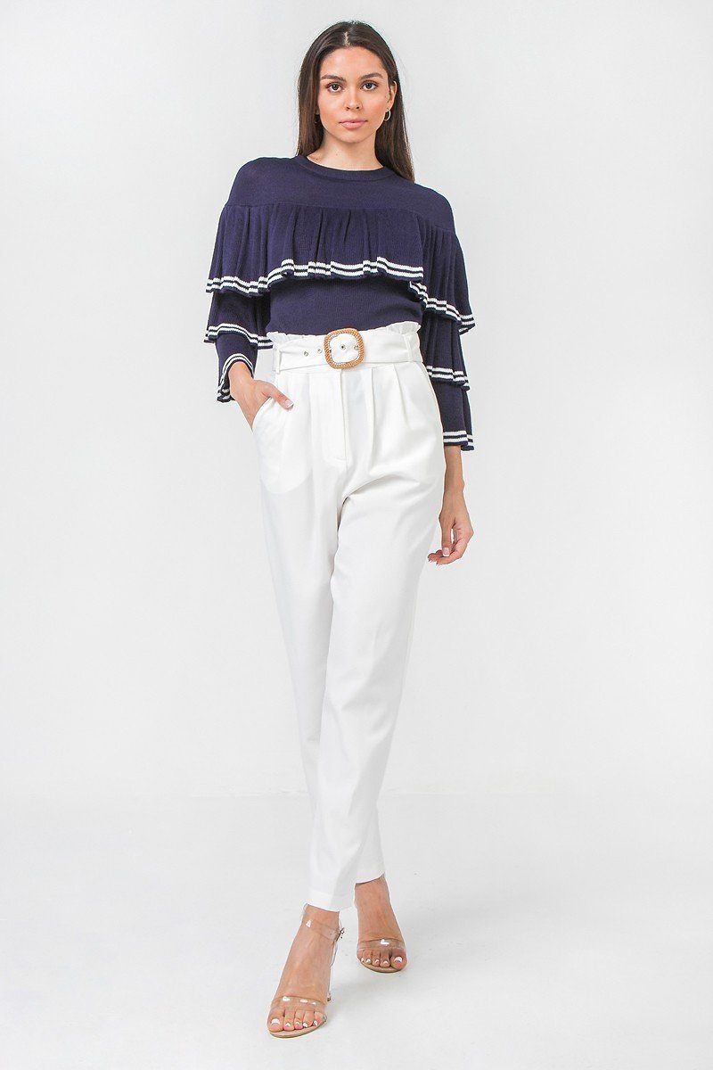 A Solid Pant Featuring Paperbag Waist With Rattan Buckle Belt - Love It Clothing