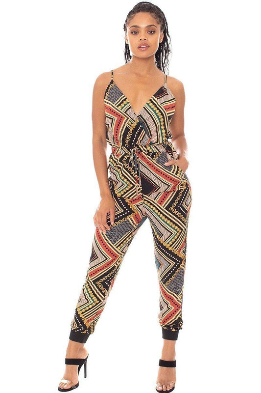 Boarder Print Wrap Drawstring Waist Jumpsuit-53142.S--Love It Clothing