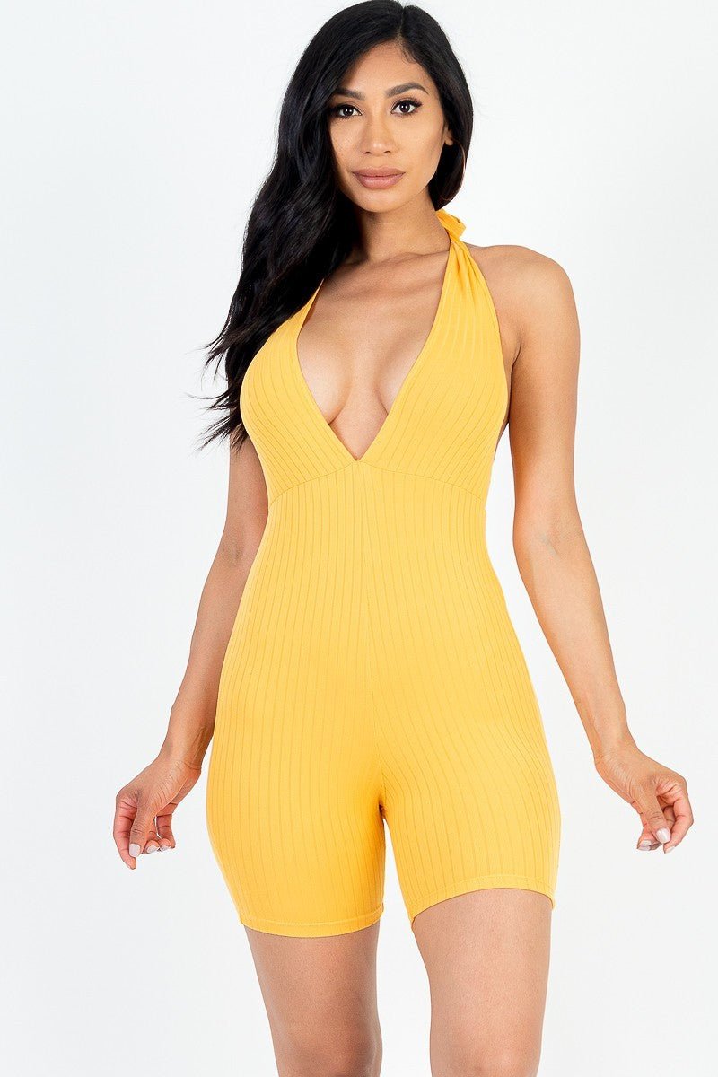 Casual Solid Halter V Neck Ribbed Bodycon Romper - Love It Clothing