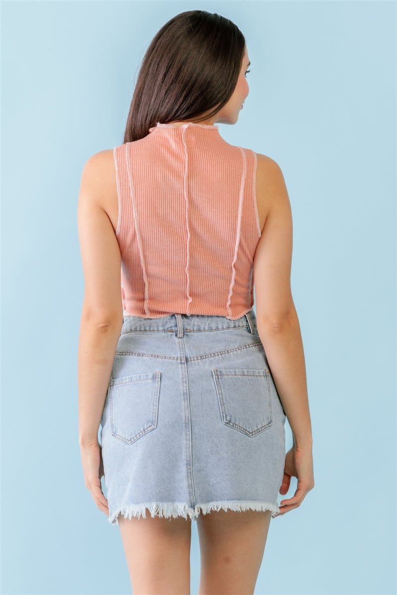 Dark Peach Ribbed Inside-out Sleeveless Mock Neck Crop Top-57397.S--Love It Clothing