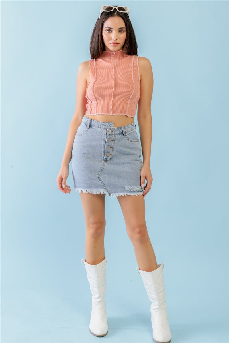 Dark Peach Ribbed Inside-out Sleeveless Mock Neck Crop Top-57397.S--Love It Clothing