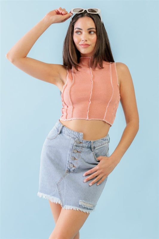 Dark Peach Ribbed Inside-out Sleeveless Mock Neck Crop Top-57397.S--Love It Clothing