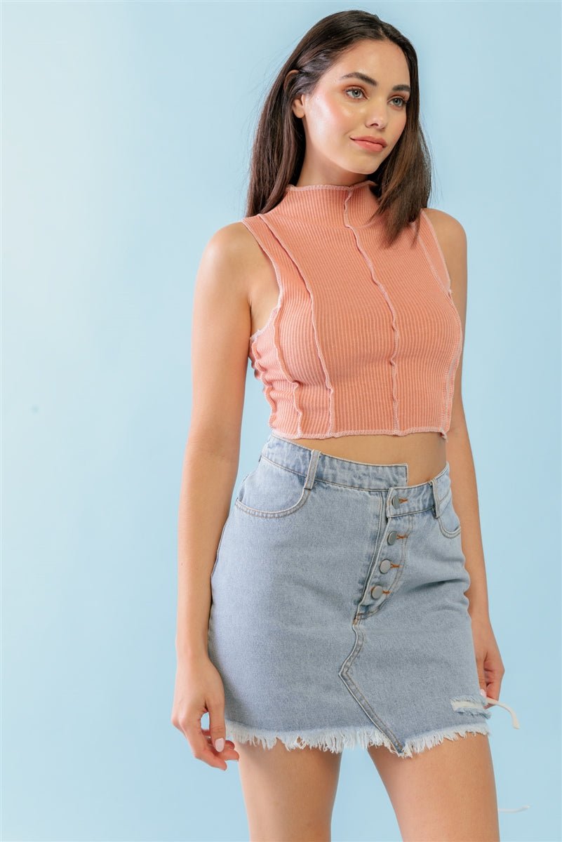 Dark Peach Ribbed Inside-out Sleeveless Mock Neck Crop Top-57397.S--Love It Clothing