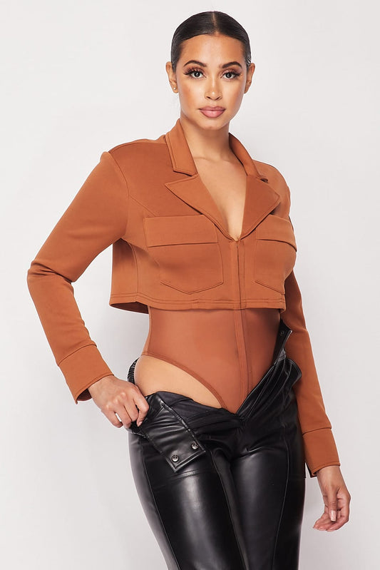 Deep-v Cropped Power Shoulder Blazer Bodysuit-52766a.S--Love It Clothing