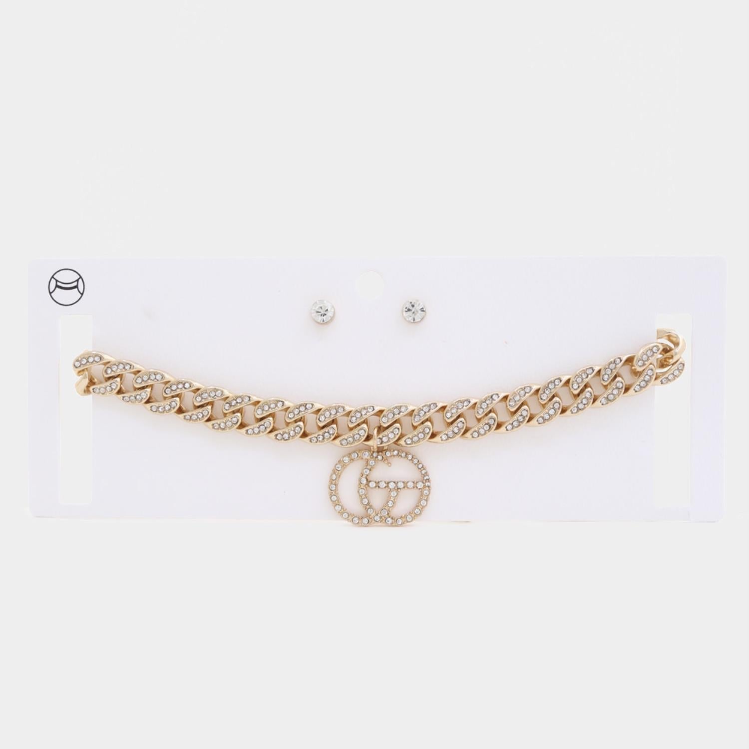 Double Circle Rhinestone Charm Curb Link Choker Necklace-57565.GDCL--Love It Clothing