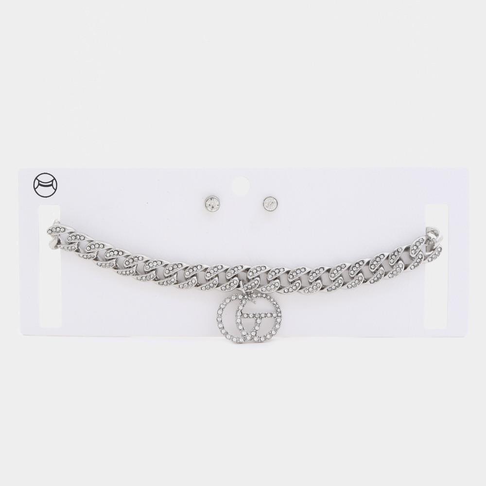 Double Circle Rhinestone Charm Curb Link Choker Necklace-57565.GDCL--Love It Clothing