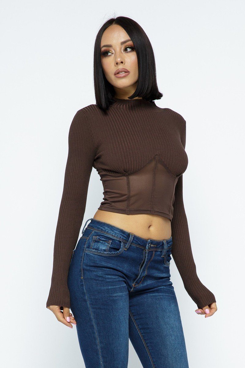 Knit Crop Top With Bottom Mesh-53159.S--Love It Clothing