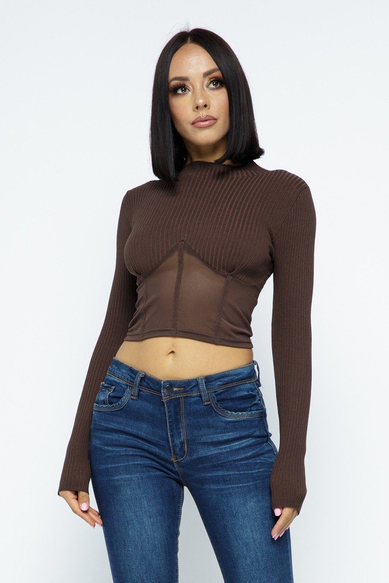 Knit Crop Top With Bottom Mesh-53159.S--Love It Clothing