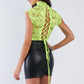 Lace Collared Short Sleeve Corset Back Sexy Bodysuit-51434.S-Color: Neon Green-Love It Clothing