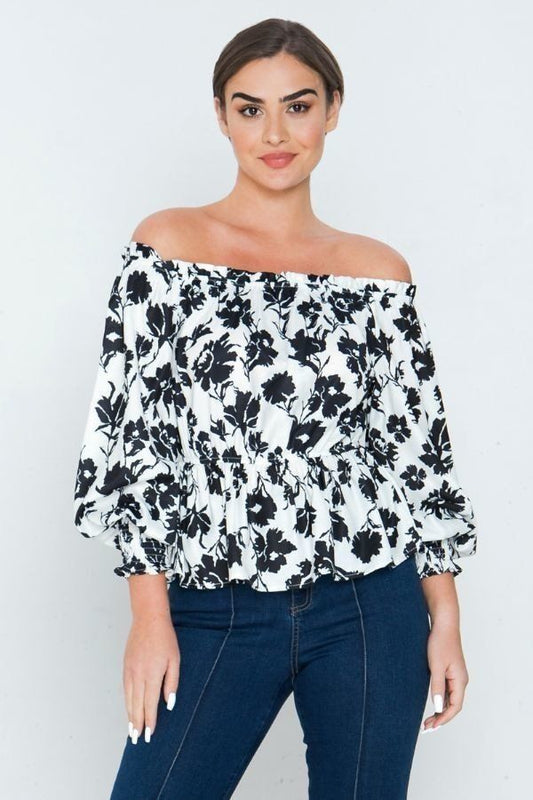 Long Sleeves Off Shoulder Neckline Printed Shirt-51209.S--Love It Clothing