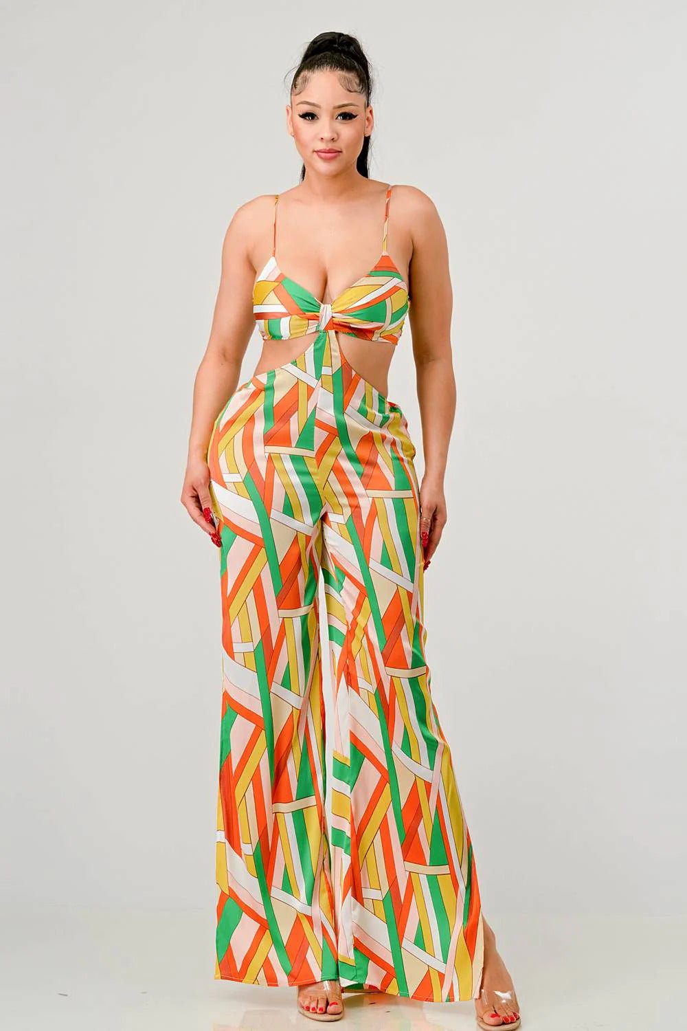 Luxe geo print satin bra top and palazzo jumpsuit-57674.S--Love It Clothing