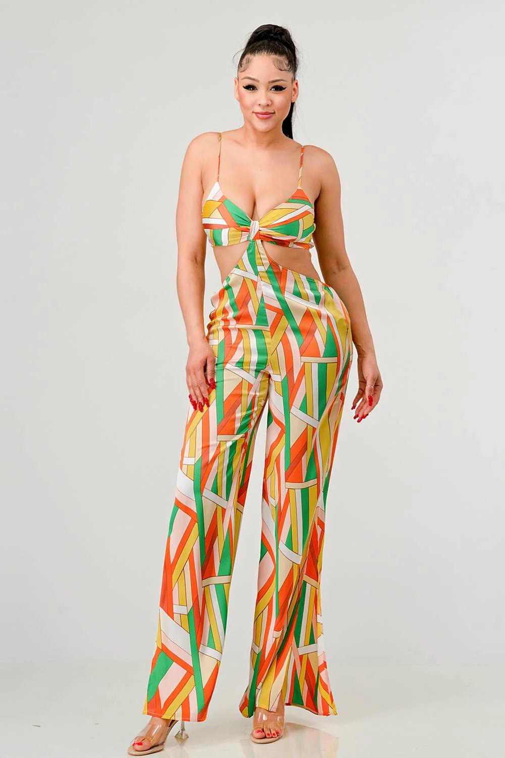 Luxe geo print satin bra top and palazzo jumpsuit-57674.S--Love It Clothing