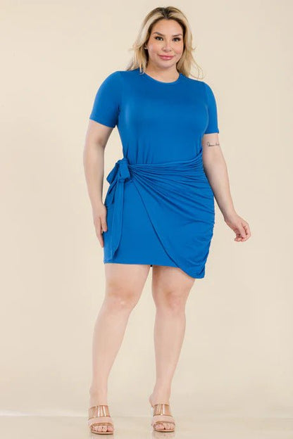 Plus Size Solid Wrap Front Tie Side Short Sleeve Mini Dress-57765c.1XL-Select Size: 1XL-Love It Clothing