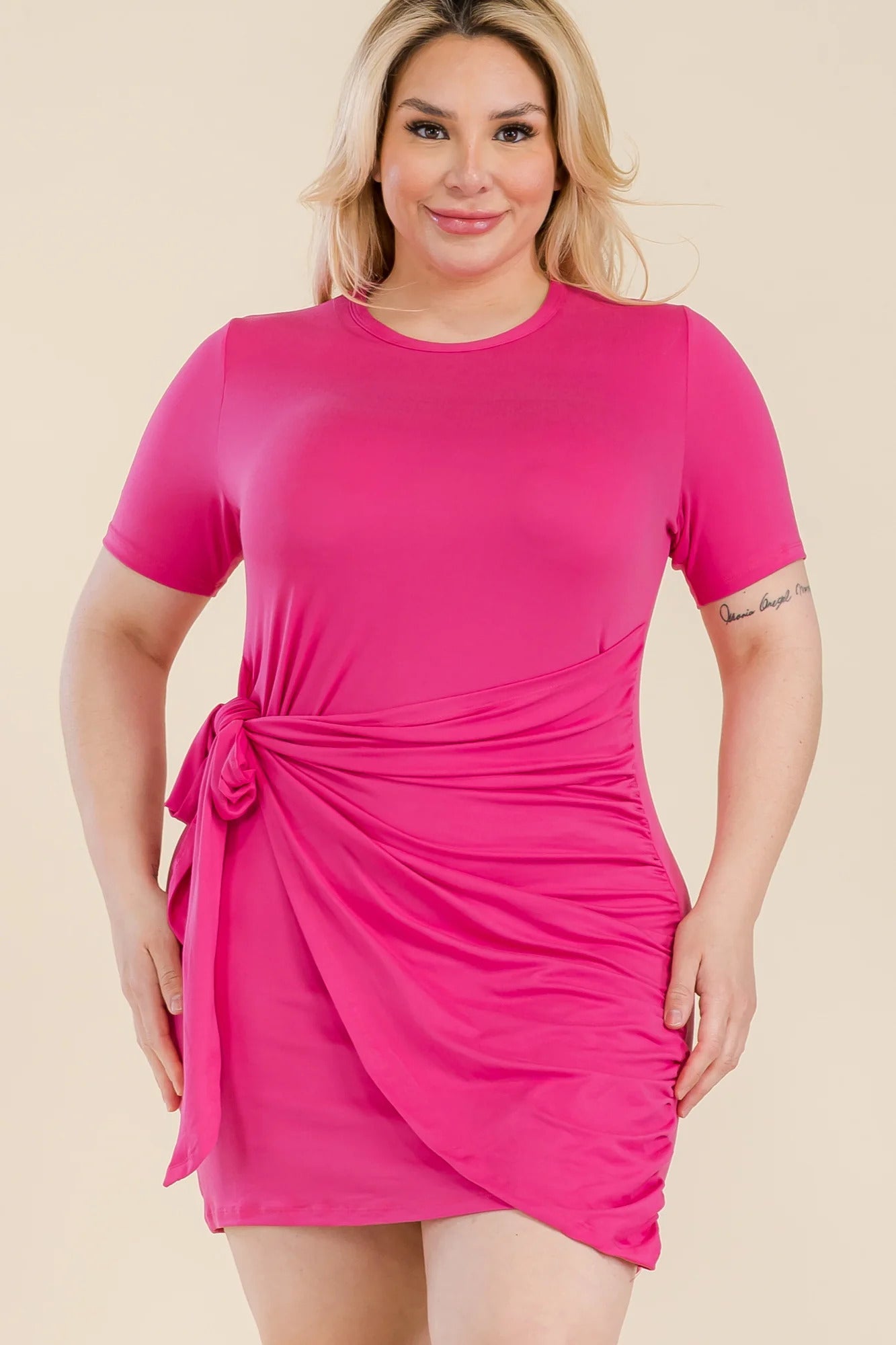 Plus Size Solid Wrap Front Tie Side Short Sleeve Mini Dress - Love It Clothing