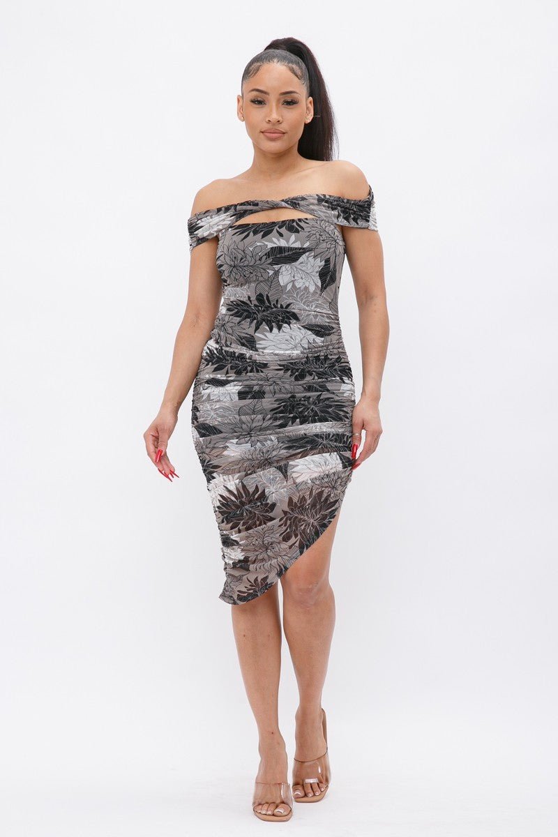 Printed Mesh Off Shoulder Dress-56260.S--Love It Clothing