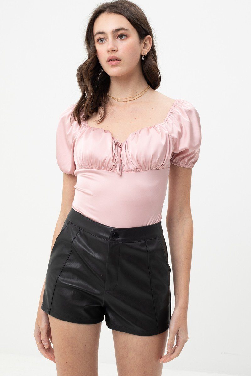 Satin Bodysuit With Front Neck Tie And Scooped Neck - Love It Clothing