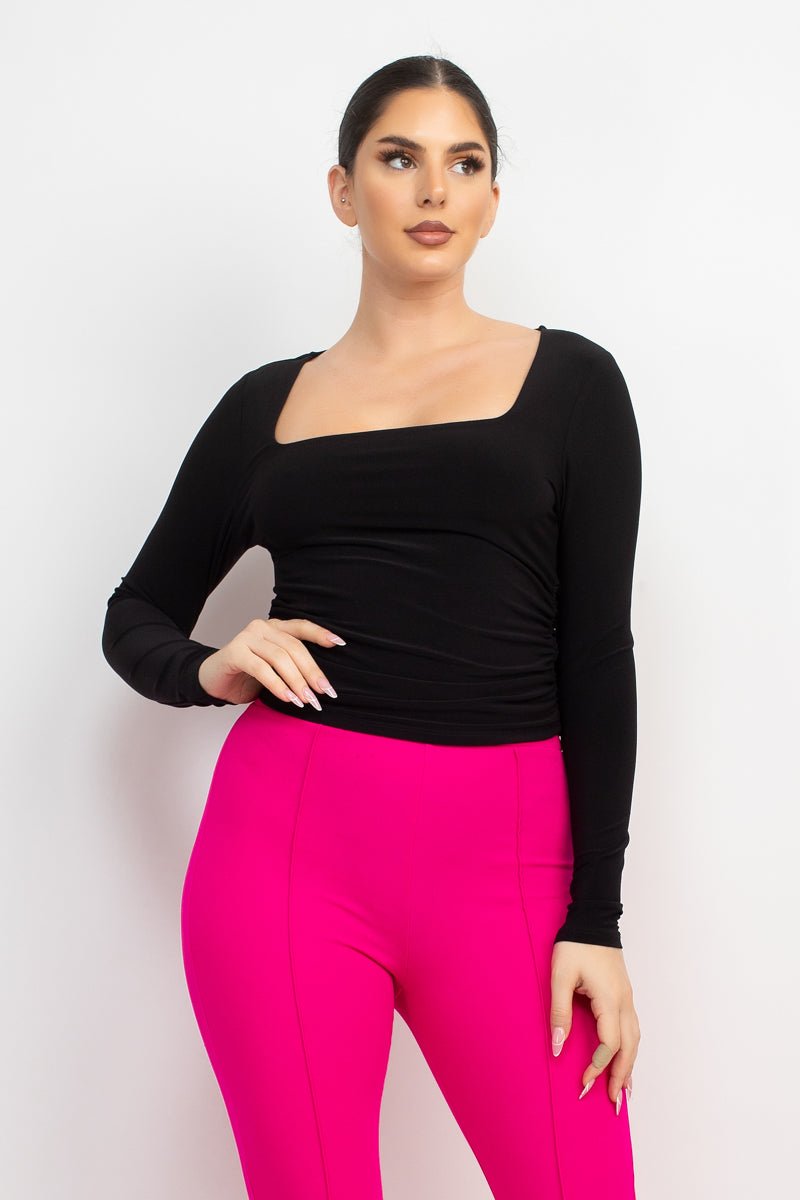 Side Ruched Square Neck Top - Love It Clothing