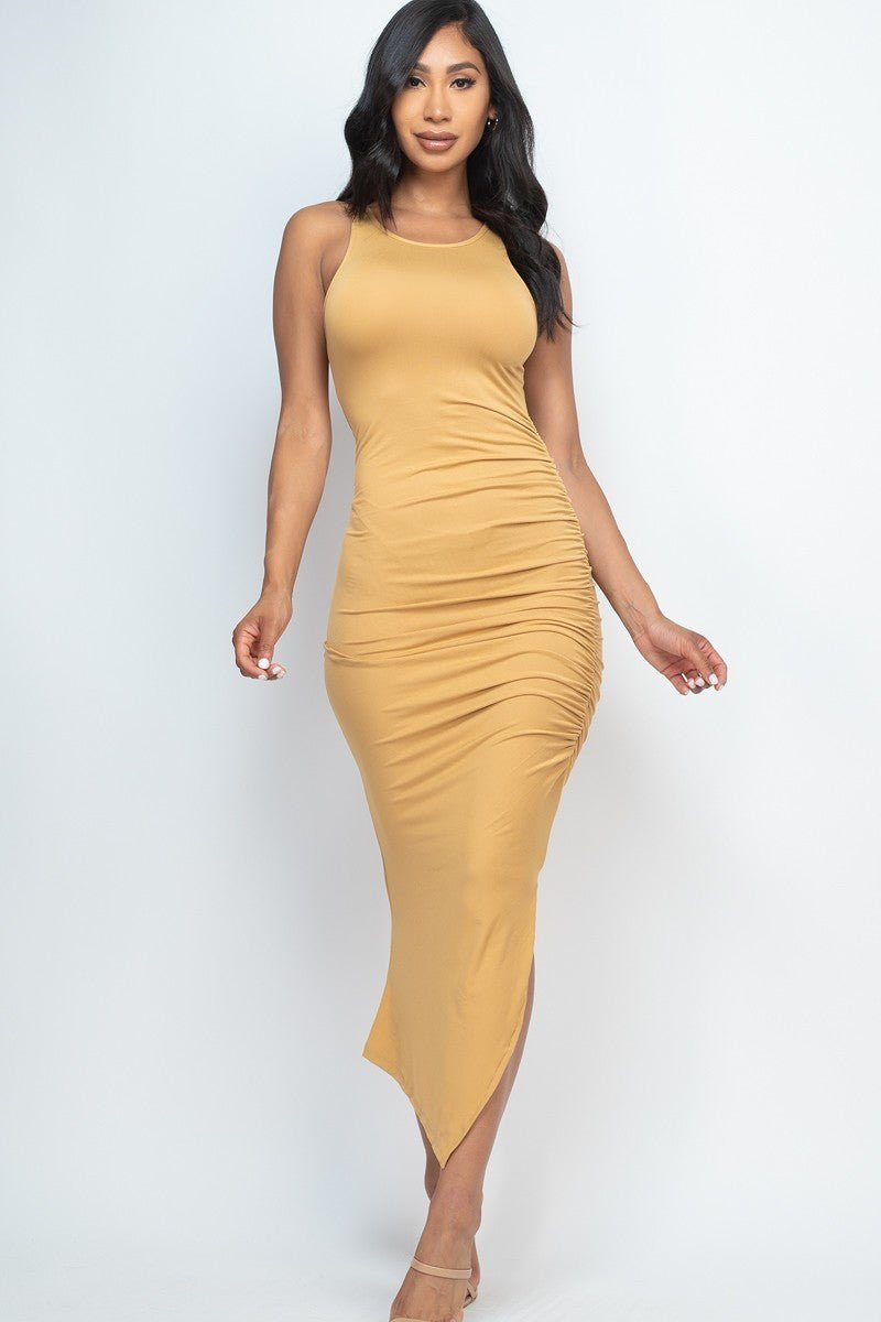 Sleeveless Ruched Side Split Maxi Dress - Love It Clothing