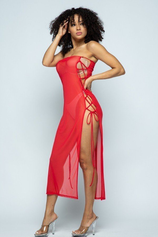 Solid Mesh Side Lace Up Cover Up Dress-51488.S-Color: Red-Love It Clothing