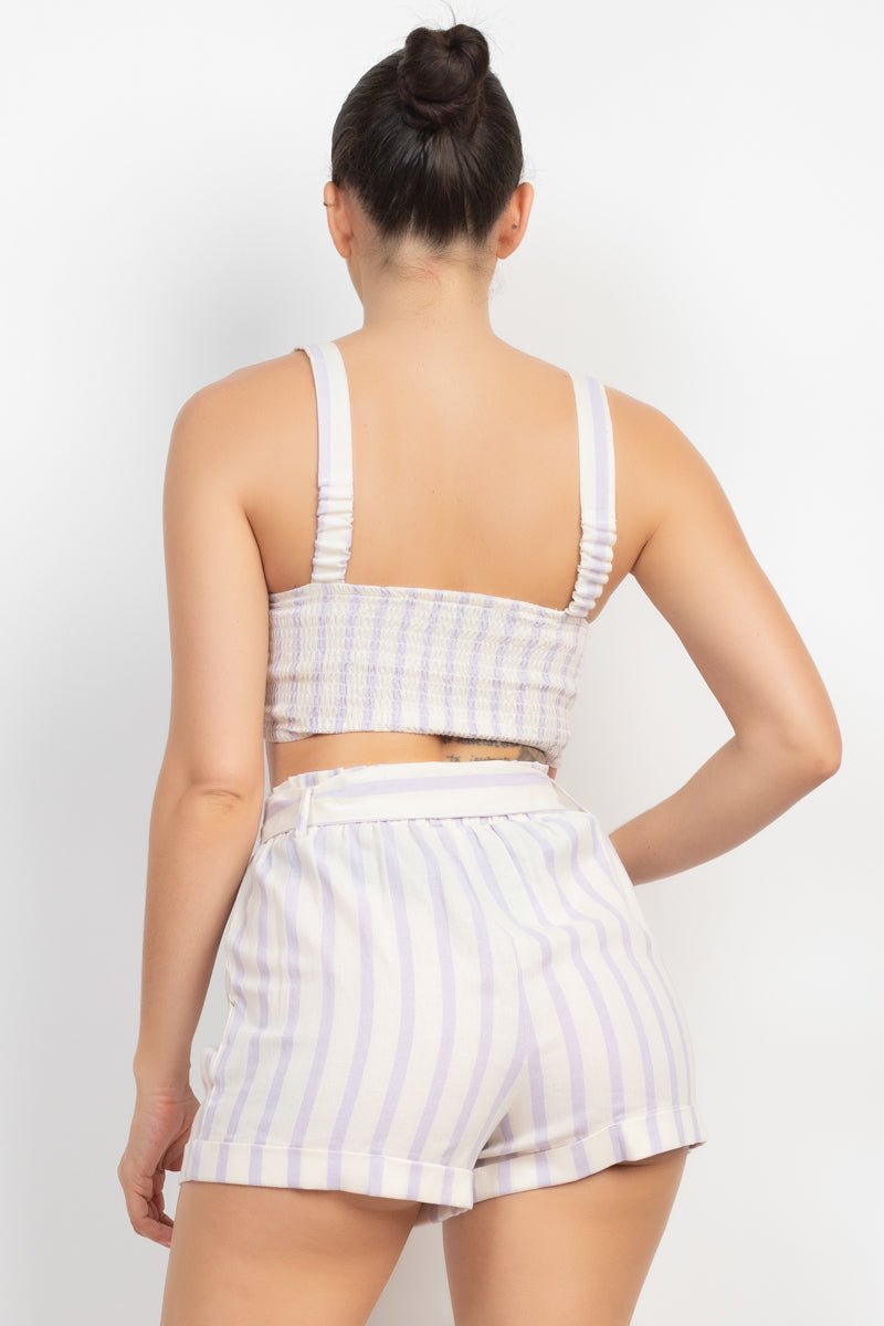 Tie-front Striped Crop Top & Belted Shorts Set - Love It Clothing