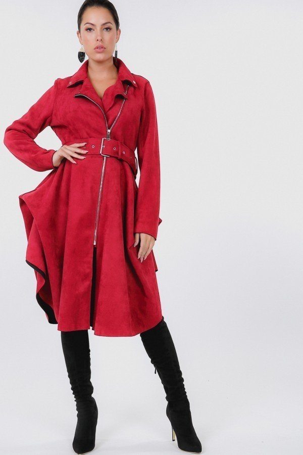 Waist Belt Tacked Faux Suede Coat - Love It Clothing