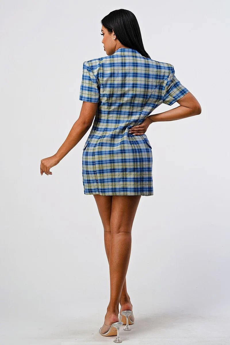 Wide Collared Double Breasted Plaid Blazer Mini Dress - Love It Clothing